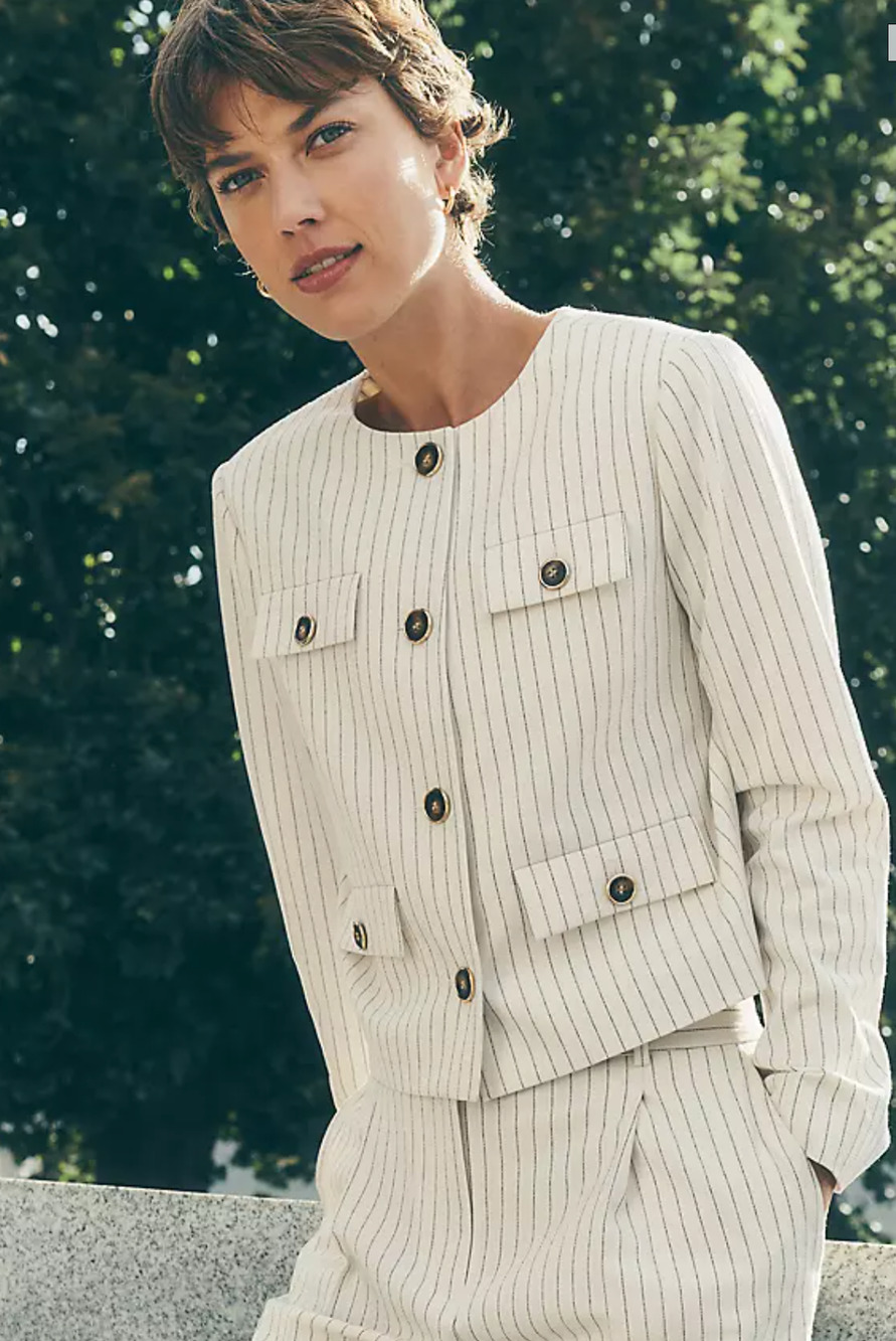 NWT ANN TAYLOR DUSTY IVORY MELANGE PINSTRIPE CREW NECK JACKET SZ 6